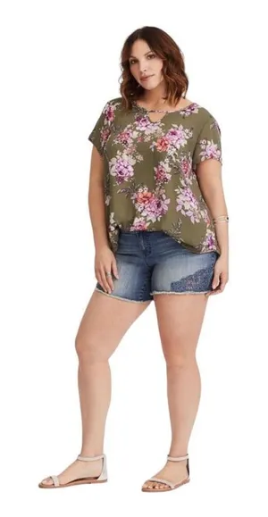 Womens Torrid Georgette Olive Floral Flowy Keyhole Blouse Top - Sz 0 thumbnail 1