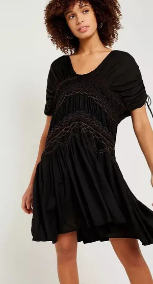 Free People Black Rainbow Smocked Boho Mini Dress S Ruched‎ Embroidered NWT thumbnail 1