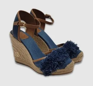 Tory Burch Wedge Espadrille Shaw Blue Denim Fringe Ankle Strap Sandals Size 8.5 thumbnail 1