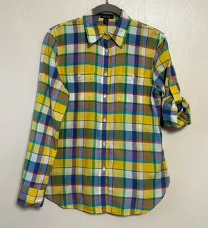 Lauren Ralph Lauren Women’s Shirt Plaid 100% Cotton Button Up Roll Up Sleeves XS thumbnail 1