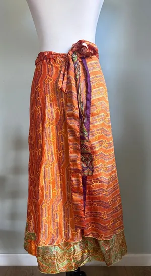 Boho Reversible Wrap Midi Skirt Orange Green fes Paisley Floral retro whimsigoth thumbnail 1