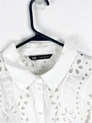ZARA 100% Cotton White Eyelet Button Long Puff Sleeves Crop Top XL Boho Neutral thumbnail 4