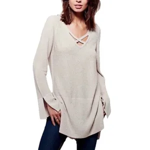 Free People Sweater Criss Cross Tunic V-Neck Long Sleeve Cream Size L thumbnail 10