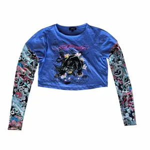 Ed Hardy Vibrant Blue Panther Graphic Crop Top With Mesh Tattoo Sleeves Large thumbnail 2