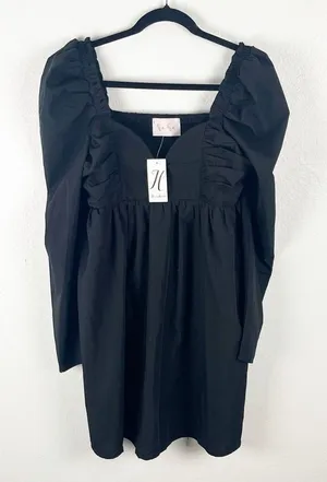 HERRINGSTONES Black Ruffle Long Sleeves Trim Smocked Back Dress, Size Large Boho thumbnail 1