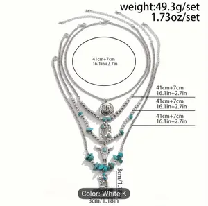 Women’s Bohemian Faux Turquoise & Silver Layered Pendant 4 Pc Necklace Set thumbnail 6