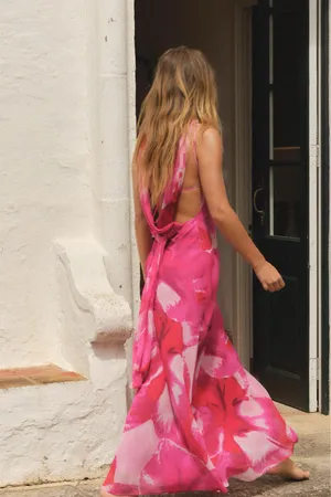 Zara Vibrant Pink ling maxi Dress scarf evening party wedding coctail thumbnail 7