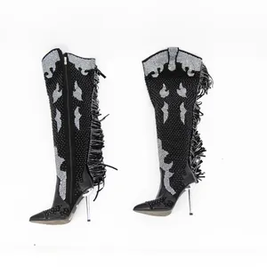 Azalea Wang Crewe Black Silver Crystal Embellished Fringe Western Boots Shoes 6 thumbnail 1