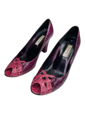 Vintage: Isaac ❉ Embossed Cut Out Peep Toe Pump Heels ❉ 2 Tone Pink Leather ❉ 8M thumbnail 8