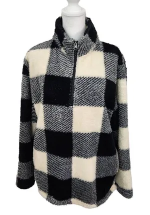 Stillwater Supply Black Cream Buffalo Check Fleece Pullover Size Large thumbnail 1