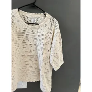 Yarnworks Vintage 90s Large Cream Cotton Open Knit Diamond Pointelle Sweater USA thumbnail 2