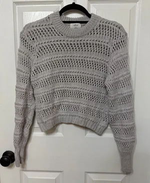 Aritzia WILFRED Gray Fayette Crochet open knit Crop merino‎ Wool Sweater size XS thumbnail 1