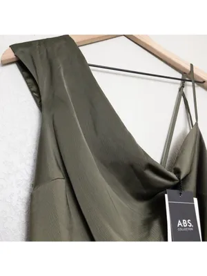 NWT ABS Allen Schwartz Everly Satin Drape Dress 2 Olive Green Slit One Shoulder thumbnail 8