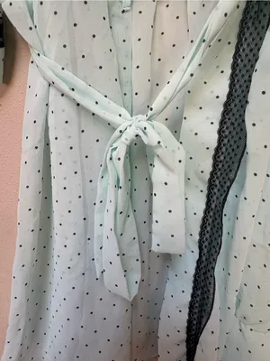 Sheer Polka Dot Tie Front Robe Medium Black Trim Vintage Style thumbnail 5