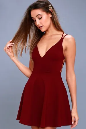 ✨Lulu’s Believe in Love Wine Red Backless Skater Sz Large Maroon Dress✨ thumbnail 1