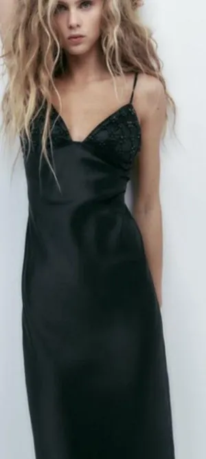 Zara beaded Y2K date night party festival black v sequin neck satin midi sz xs thumbnail 2