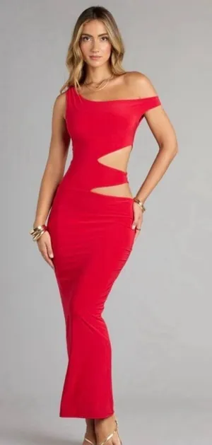 Windsor Red Own The Night One-Shoulder Cutout Knit Stretch Maxi Dress Sz Medium thumbnail 1