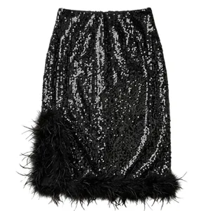 Beulah Style Black Sequin Midi Skirt with Feather Trim Side Slit Size Medium NEW thumbnail 1