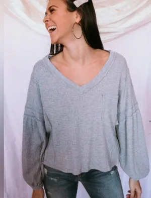Altar'd State Women's V Neck Sweater Balloon Sleeves Gray Size M Pullover thumbnail 1