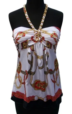 Cache Silk White Scarf Print Gold Chain Halter Top New Built In Bra $118 NWT XS thumbnail 1