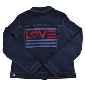 EV1 Ellen DeGeneres Womens Dark Wash LOVE Graphic Denim Jacket Blue Trucker thumbnail 2