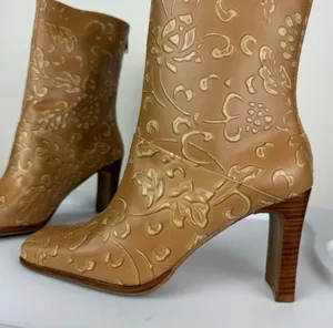 NEW Y2K Amanda Smith Leather Square Toe Heeled Boots Sz 6.5 Tan Floral thumbnail 10