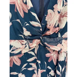 Lulus Mini Dress M Navy Floral Metallic Sheer Long Sleeve Twisted Front V-Neck thumbnail 6