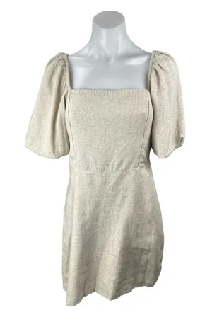 Abercrombie & Fitch Beige Linen Short Puff Sleeve Square Neck ALine Mini Dress S thumbnail 1
