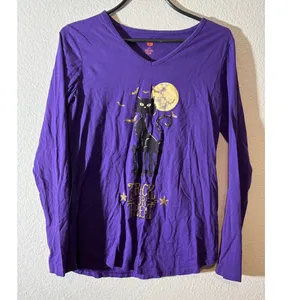 Celebrate Halloween Women's Size M Trick or Treat Black Cat Long Sleeve T-Shirt thumbnail 2