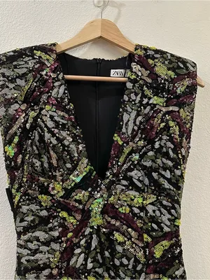 Zara‎ Women's Sleeveless Sequined V Neck Shoulder Pad Mini Dress Size Small thumbnail 6