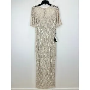 Adrianna Papell Beaded Flutter Sleeve Gown Long Biscotti Beige Formal US 4 NWT thumbnail 5