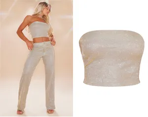 Pretty Little Thing Gold Glitter Bandeau Crop Top NWT thumbnail 2