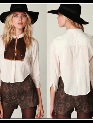 Romantic Boho Blouse Gold Embroidered Bib Front Top Cottagecore Peasant thumbnail 2