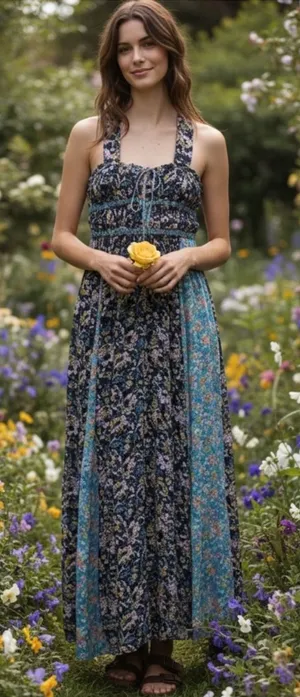Free People Dance With Me Mixed Floral Halter Maxi Dress Adjustable Front Ties M thumbnail 1