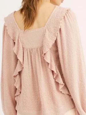 Free People Bonnie Blouse Dusty Pink Textured Ruffle Boho Top Size Small thumbnail 3