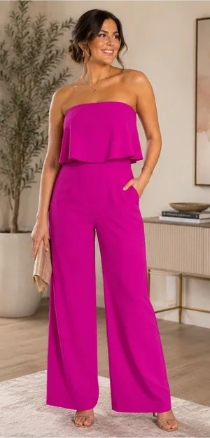 NWT Sugarlips Fuchsia Pink Strapless Ruffle Jumpsuit Size L thumbnail 1