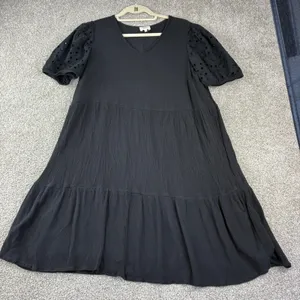 Ava James Womens 1X Black Tiered Babydoll Dress Eyelet Puff‎ Sleeve V Neck Midi thumbnail 3