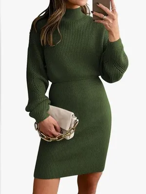 NEW Mock Neck Trendy Lantern Sleeve Ribbed Knit Bodycon Pullover Sweater Dress S thumbnail 1