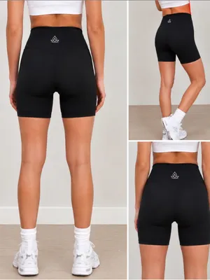 High-Rise Black Women's Bike Shorts with Subtle Logo thumbnail 2