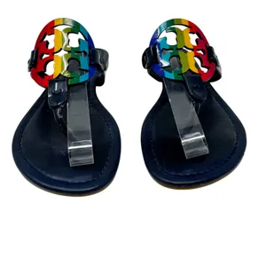 TORY BURCH Navy Blue Rainbow Stripe Miller Logo Patent Leather Sandals Size 7 thumbnail 2