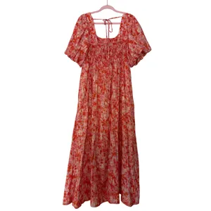 Anthropologie Smocked Babydoll Midi Dress Pink Orange Floral M Medium thumbnail 5