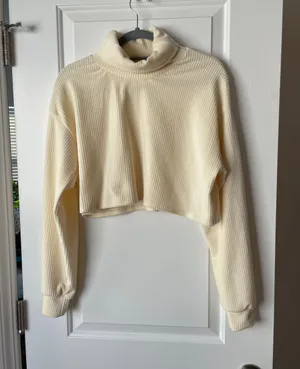 Cream Turtleneck Cropped Velvet Sweater thumbnail 1