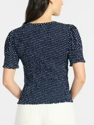 Time and Tru Women’s Size XS 0-2 Smocked Top Short Puff Sleeves Navy Blue White thumbnail 2