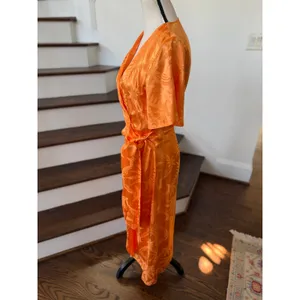 NeverFullyDressed Apricot Orange Palm Vienna Short Sleeve Midi Satin Wrap Dress thumbnail 4