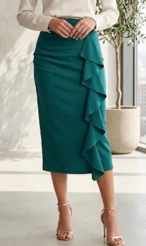 Emerald Green Ruffle-Front Pencil Skirt thumbnail 1