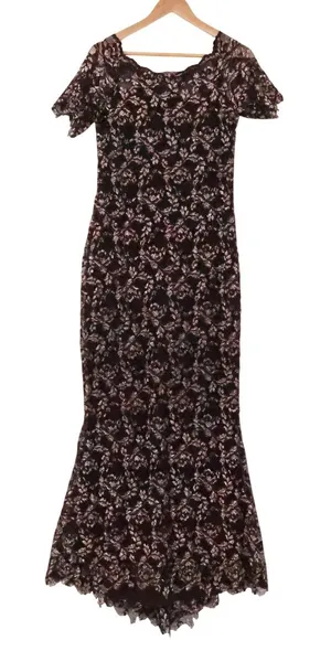 Sara Mique Metallic Lace Mermaid Gown Size S Espresso Brown Rose Gold NYE NWT thumbnail 1