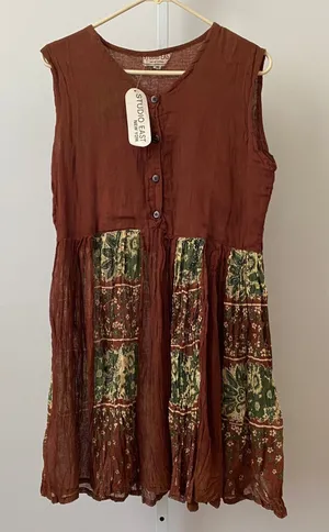 Studio East Cotton Boho Relaxed Prairie Peasant Sleeveless Brown Dress M thumbnail 1