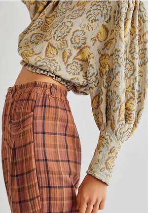 Free People Floral Puff-Sleeve Top in Cream, Yellow and Blue thumbnail 1