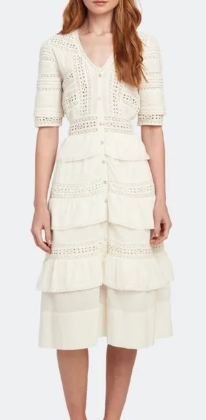 LoveShackFancy Rebecca 100% Cotton White Lace Embroidered Tiered Midi Dress thumbnail 1