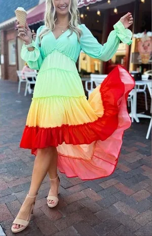 Champagne & Strawberry Multicolor Gradient High Low Long Sleeve Midi Dress Large thumbnail 1